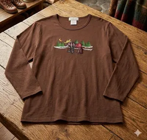 Vintage Embroidered Women’s Brown Long-Sleeve Moose Graphic Tee XXL thumbnail 1