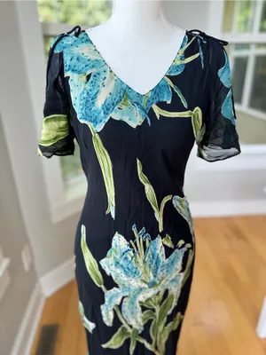 Vintage 90’s Dressbarn Black Blue Floral Beaded V Neck Bias Cut Slip Dress Sz M thumbnail 13