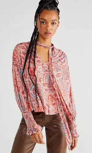 Free People Vista Dreams Top Printed Smocked Long Sleeve V Neck Blouse Tie M thumbnail 1