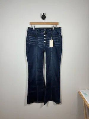 Flamingals Button Fly Flare Jeans Womens XL Dark Wash High Rise NWT thumbnail 2