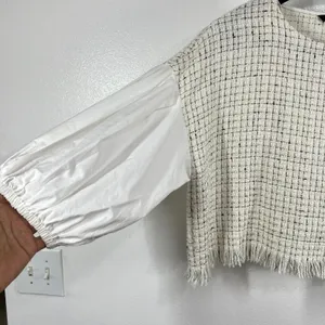 Zara Tweed Fringe Boxy Crop Top White Black Check Balloon‎ Sleeve Blouse XL New thumbnail 6