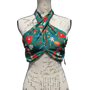 Out From Under Urban Outfitters NWT Green Botanical Floral Halter Crop Top Large thumbnail 2