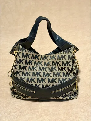 Michael Kors MK Signature Jacquard Hobo Shoulder Bag Black Beige Gold thumbnail 11