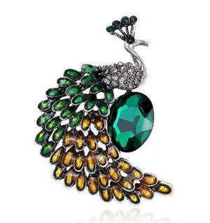 Elegant Green Crystal Peacock Brooch Pin for Women thumbnail 1