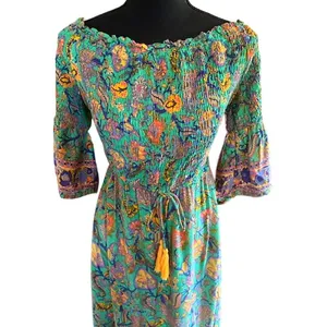 Patchouli Fair Boho Maxi Dress Boat Neck Paisley Floral Tassel L thumbnail 3