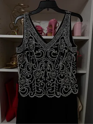 J Kara Black Maxi Dress with White Beaded Floral Bodice thumbnail 3