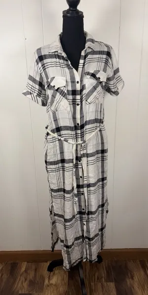 Anthropologie Cloth & Stone Hannah Shirtdress M Plaid‎ Short Sleeve Belted White thumbnail 1
