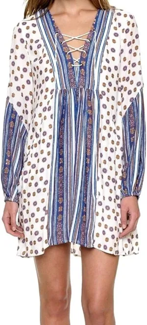 Free People Rain Shine Printed Lace-Up Swing Dress Floral Stripe Boho Mini Sz S thumbnail 1