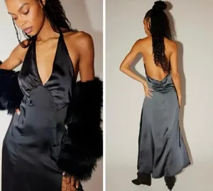 NWT Free People Women's Large Black Halter Slit Silky Dance Til Dawn Maxi Dress thumbnail 2