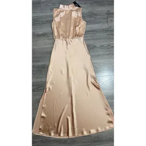 Lulus Maxi Dress S Champagne Satin Mock Neck Sleeveless Side Slit Rose Gold Prom thumbnail 7