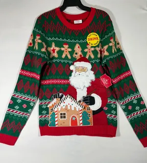 Holiday Time Ugly Unisex Christmas Santa Sweater Pocket House‎ Red/Green Sz S thumbnail 1