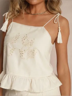 Zara Ivory Cropped Tank Top Floral Eyelets Tassel Beaded Straps Boho Hippie thumbnail 1