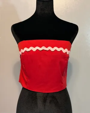 Idem Ditto Red Strapless Corset Top Pink Ric Rac Trim Zip Back Size L thumbnail 1