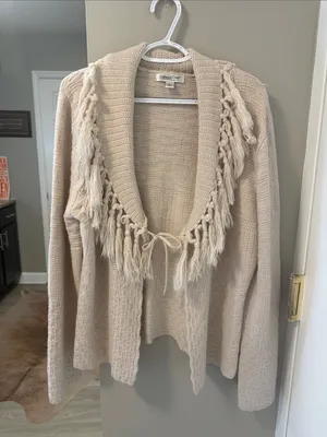 Vintage Coldwater Creek Western Boho Cardigan Sweater Tassels Cream Large L thumbnail 2