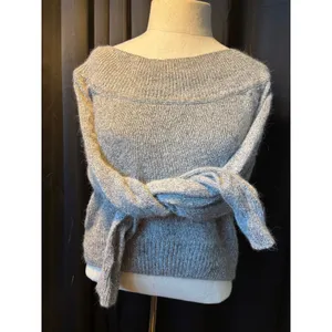 Anchor Blue‎ Silk Angora Blend Gray Boat Neck Off Shoulder Crop Sweater Medium thumbnail 5