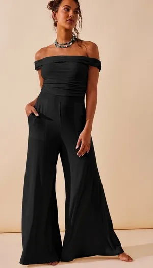 NWT Free People FP Beach Kenna One Piece in Black Off-Shoulder Wide Jumpsuit XS thumbnail 1