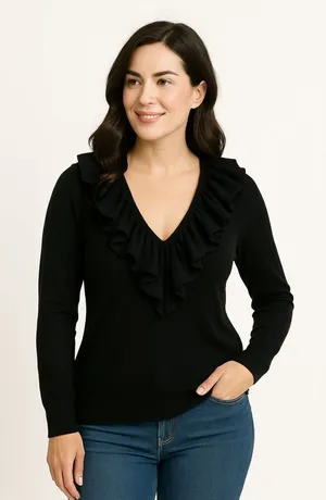 Lauren Ralph Lauren silk cotton blend ruffle neck sweater m thumbnail 1