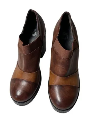 Brown‎ Multi-Tone Leather Ankle Boots Block Heel Slip-On Comfort Shoes Size 41 thumbnail 1