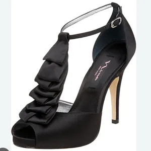 Nina Elga Black Satin Ruffle Platform Peep-Toe Stiletto Heels 7 thumbnail 2