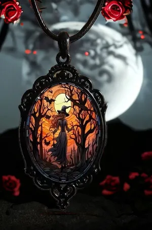 Retro Style Bat Witch Pendant Cameo‎ Black Pendant Necklace Gothic Vintage Style thumbnail 1