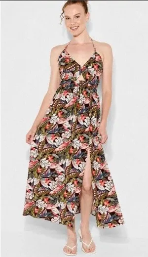 Wild fable Tropical Floral V-Neck Strappy halter maxi Dress M open back thumbnail 1
