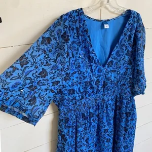Old Navy Women's Blue Floral Midi Dress Smocked Waist V Neck Casual - L EUC thumbnail 4