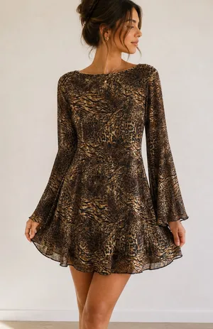 Womens Brown Animal-Print Long-Sleeve Swing Dress thumbnail 1