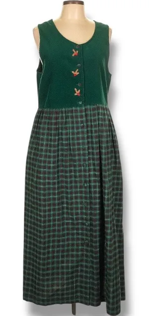 Vintage‎ 80s Susan Bristol Forrest Green Plaid Corduroy Jumper Dress Embroidery thumbnail 1