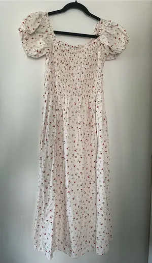Cream Red Ditsy Floral Print Cottagecore Milkmaid Puff Sleeve Midi Dress Medium thumbnail 1