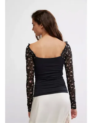 Free People Dainty Coquette Scoop Neck Josie Long Lace Sleeve Top Black Large thumbnail 3