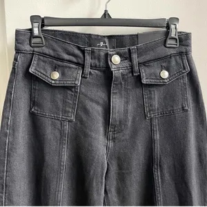 7 For All Mankind Lotta Jeans Womens 26 Black Wide Leg Patch Pocket Seamed Denim thumbnail 5