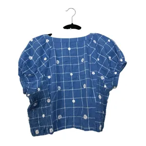Madewell embroidered puff sleeve crop top in windowpane size 10 thumbnail 4