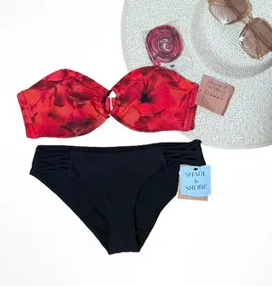 Shade & Shore Red Floral Bandeau Bikini with Black Bottoms thumbnail 1