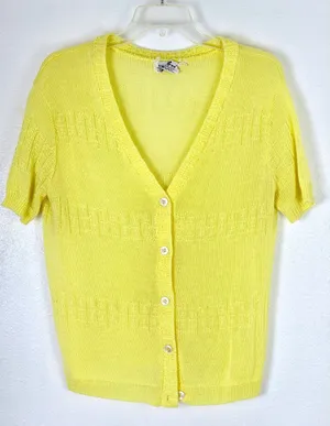 Vintage 60s Sweetree Lemon Yellow Pointelle Short Sleeve Cardigan thumbnail 1