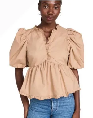 Endless Rose Puff Sleeve Peplum Top Tan Ruffle V-Neck Cotton Size S JJ1080T thumbnail 1