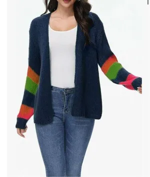 NEW Blue Preppy 80’s Lightweight Sweater Color Block Oversized Cardigan 2X thumbnail 1