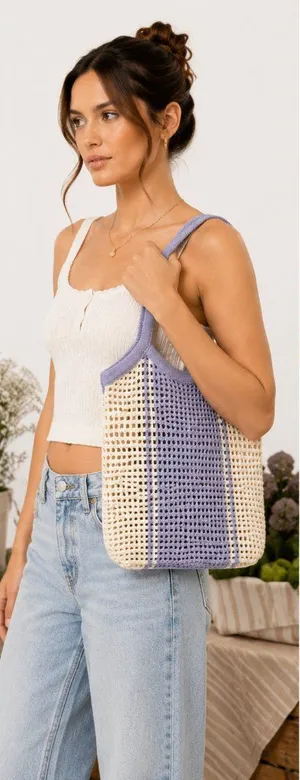 Art Class Girls Knit Tote Bag Purple Cream Summer Beach Vacation Chic thumbnail 1