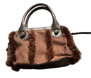 EUC Vintage Y2K Chocolate Brown Faux Fur and Suede Women's Satchel Handbag thumbnail 2