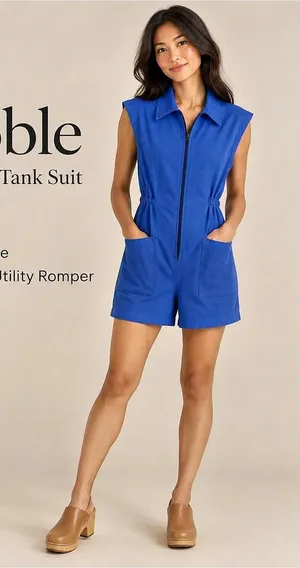 Noble Organic Tank Suit French Blue Zip Front Utility Romper XS thumbnail 1