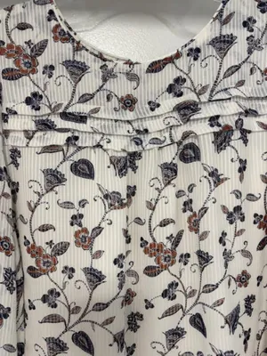 LOFT M White Floral Striped Pleated Yoke Lined Peasant Blouse Neutral Feminine thumbnail 2