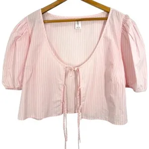 Abound Nordstrom Baby Pink Tie Front Cotton‎ Poplin Crop Top Size XL Puff Sleeve thumbnail 1
