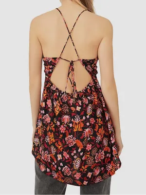 New Free People Women's Black Pixie Cross Back Floral Print Tunic Top Size large thumbnail 2