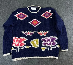 Palm Springs Yacht Club Vintage Navy Floral Knit Sweater Pom Pom Trim Medium thumbnail 1