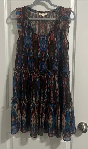 Sleeveless Tiered Ikat Print Dress in Blue and Black thumbnail 1