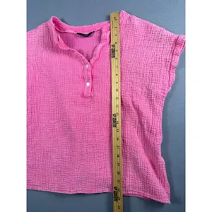 Dokotoo Womens Pink Cotton Gauze Henley Short Sleeve Crinkle Top Large L thumbnail 3