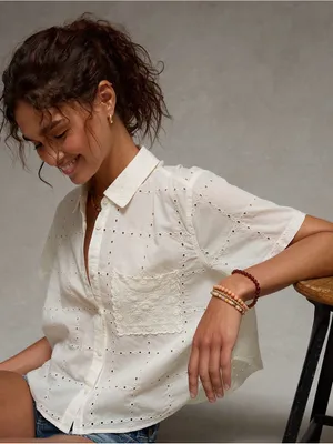 American Eagle Short-Sleeve Eyelet Button-Down Shirt - XS cream thumbnail 1