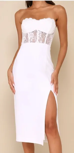 NWOT Lulus Exquisitely Sultry White Lace Strapless Bustier Midi Dress thumbnail 1