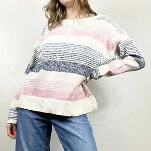 Chaps Pink & Blue Striped Henley Sweater thumbnail 1