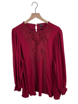 Torrid Washable Crinkle Gauze Crochet Yoke Blouson Sleeve Top Size 2X Rhubarb thumbnail 3