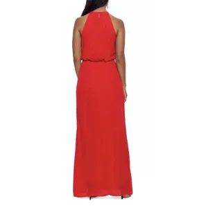 NEW XSCAPE Red RUFFLE‎ CHIFFON Gold Metal NECKLINE Halter EVENING Dress GOWN 4 thumbnail 2